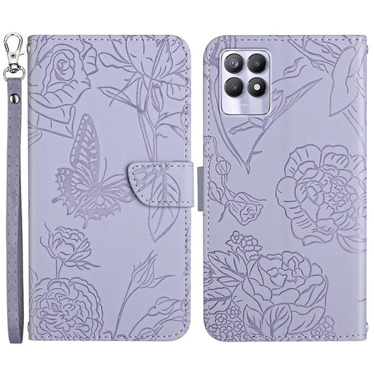 Butterfly Flowers Imprinting PU Leather Phone Shell for Realme 8i/Narzo 50 4G, Folio Flip Wallet Skin-Touch Leather Case with Foldable Stand Handy Strap - Light Purple