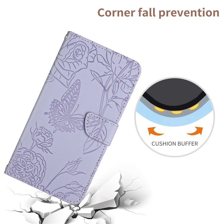 Butterfly Flowers Imprinting PU Leather Phone Shell for Realme 8i/Narzo 50 4G, Folio Flip Wallet Skin-Touch Leather Case with Foldable Stand Handy Strap - Light Purple