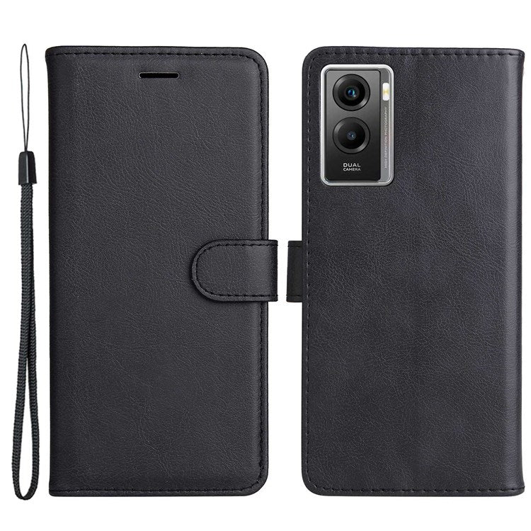 KT Leather Series-2 Wallet Purse Case for vivo Y55s 5G, PU Leather Folio Stand Magnetic Shockproof Protective Cover with Wrist Strap - Black