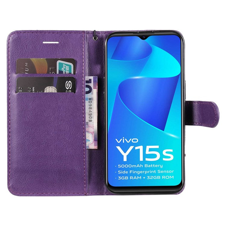 KT Leather Series-2 for vivo Y15s 4G/Y15a 4G PU Leather Solid Color Shockproof Phone Case Stand Flip Hand Strap Wallet Cover - Purple