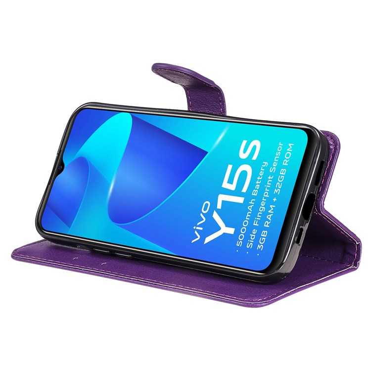 KT Leather Series-2 for vivo Y15s 4G/Y15a 4G PU Leather Solid Color Shockproof Phone Case Stand Flip Hand Strap Wallet Cover - Purple