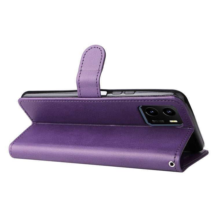 KT Leather Series-2 for vivo Y15s 4G/Y15a 4G PU Leather Solid Color Shockproof Phone Case Stand Flip Hand Strap Wallet Cover - Purple