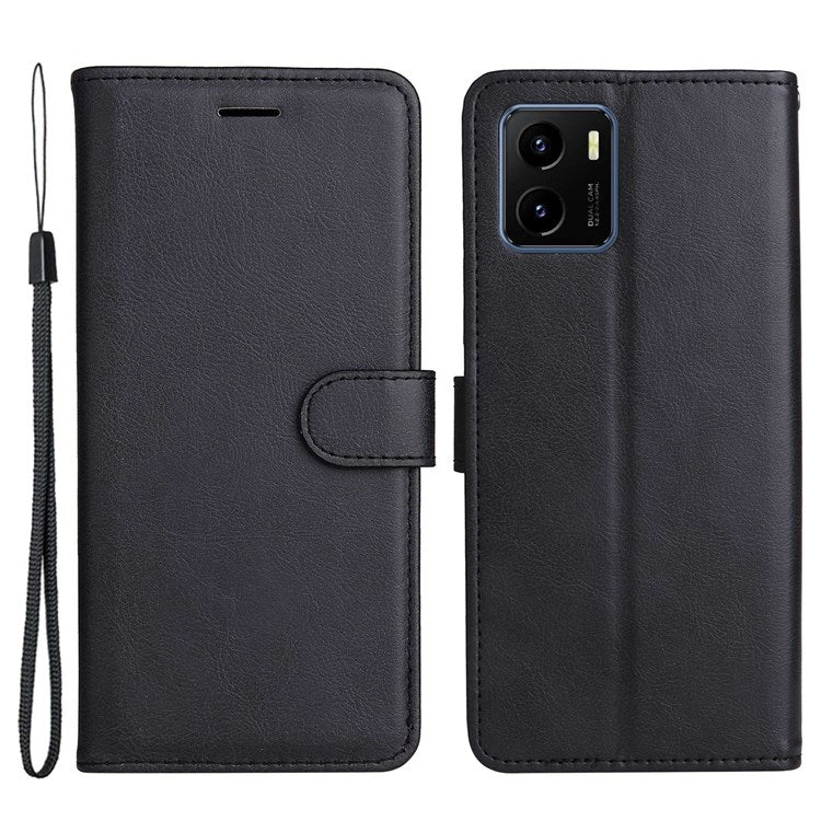 KT Leather Series-2 for vivo Y15s 4G/Y15a 4G PU Leather Solid Color Shockproof Phone Case Stand Flip Hand Strap Wallet Cover - Black