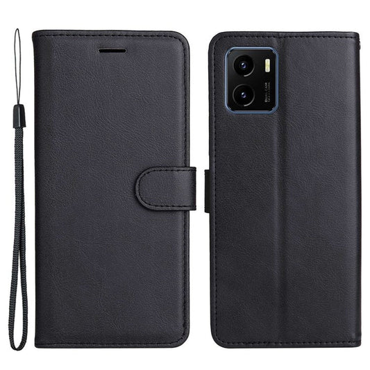 KT Leather Series-2 for vivo Y15s 4G/Y15a 4G PU Leather Solid Color Shockproof Phone Case Stand Flip Hand Strap Wallet Cover - Black