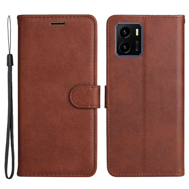 KT Leather Series-2 for vivo Y15s 4G/Y15a 4G PU Leather Solid Color Shockproof Phone Case Stand Flip Hand Strap Wallet Cover - Brown
