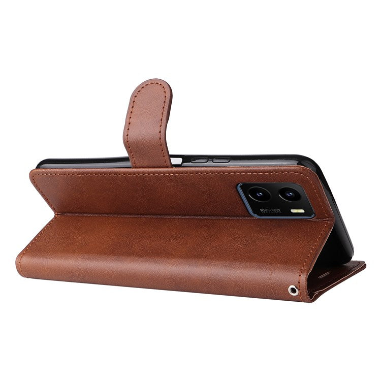 KT Leather Series-2 for vivo Y15s 4G/Y15a 4G PU Leather Solid Color Shockproof Phone Case Stand Flip Hand Strap Wallet Cover - Brown