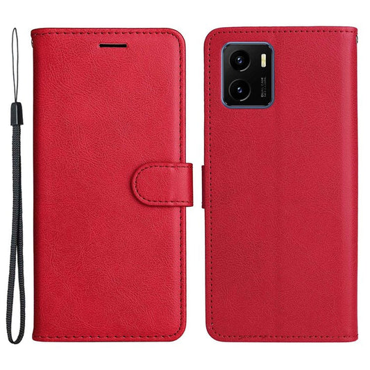 KT Leather Series-2 for vivo Y15s 4G/Y15a 4G PU Leather Solid Color Shockproof Phone Case Stand Flip Hand Strap Wallet Cover - Red