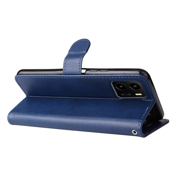 KT Leather Series-2 for vivo Y15s 4G/Y15a 4G PU Leather Solid Color Shockproof Phone Case Stand Flip Hand Strap Wallet Cover - Blue