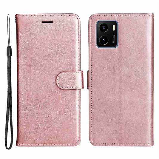 KT Leather Series-2 for vivo Y15s 4G/Y15a 4G PU Leather Solid Color Shockproof Phone Case Stand Flip Hand Strap Wallet Cover - Rose Gold