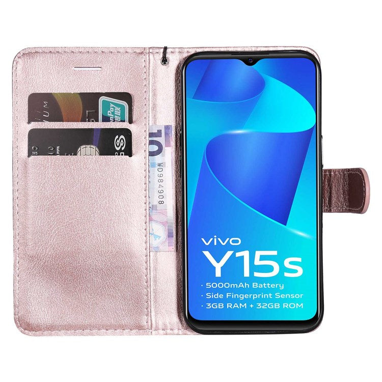 KT Leather Series-2 for vivo Y15s 4G/Y15a 4G PU Leather Solid Color Shockproof Phone Case Stand Flip Hand Strap Wallet Cover - Rose Gold