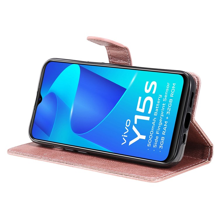 KT Leather Series-2 for vivo Y15s 4G/Y15a 4G PU Leather Solid Color Shockproof Phone Case Stand Flip Hand Strap Wallet Cover - Rose Gold