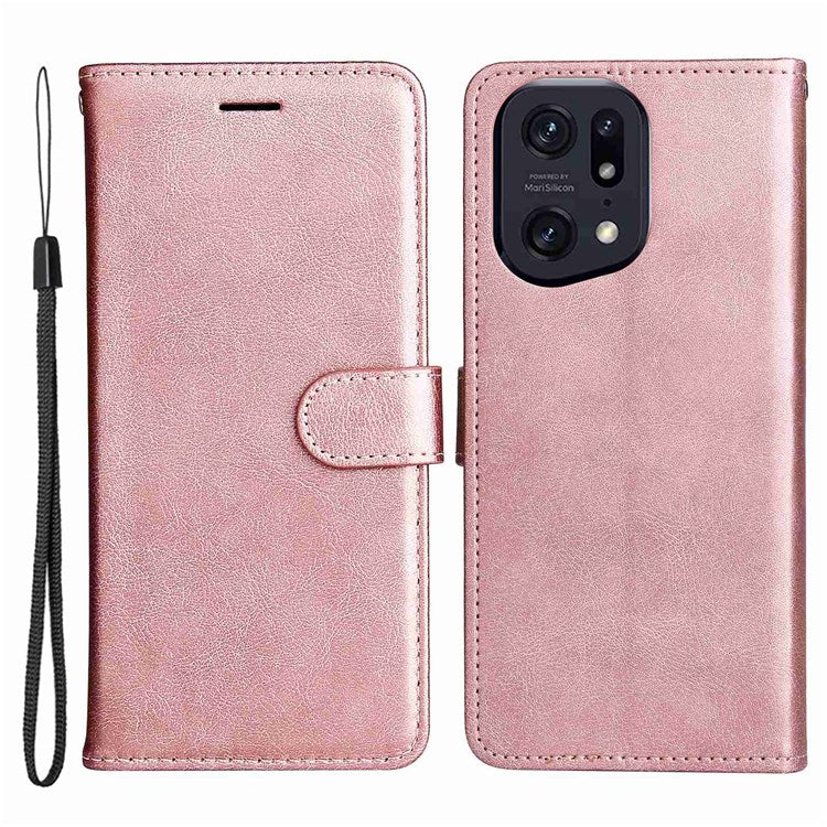 KT Leather Series-2 for Oppo Find X5 Pro PU Leather Detachable Wrist Strap Wallet Case Stand Feature Anti-Scratch Protective Phone Cover - Rose Gold