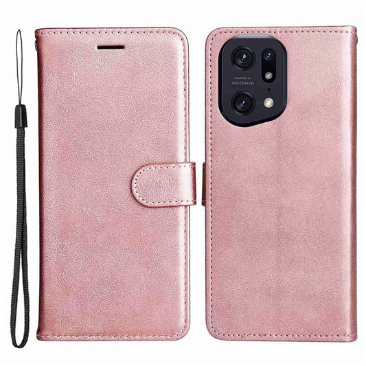 KT Leather Series-2 for Oppo Find X5 Pro PU Leather Detachable Wrist Strap Wallet Case Stand Feature Anti-Scratch Protective Phone Cover - Rose Gold