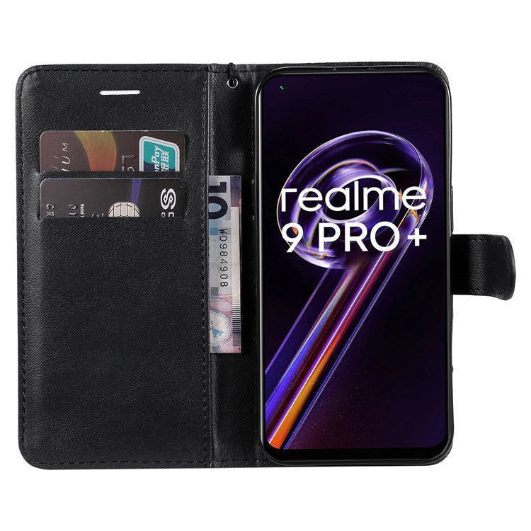 KT Leather Series-2 for Realme 9 Pro+ Wallet Style PU Leather Flip Phone Case Magnetic Closure Handbag Stand Folio Cover with Wrist Strap - Black