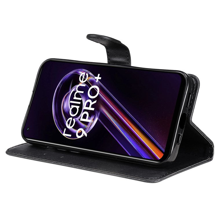 KT Leather Series-2 for Realme 9 Pro+ Wallet Style PU Leather Flip Phone Case Magnetic Closure Handbag Stand Folio Cover with Wrist Strap - Black