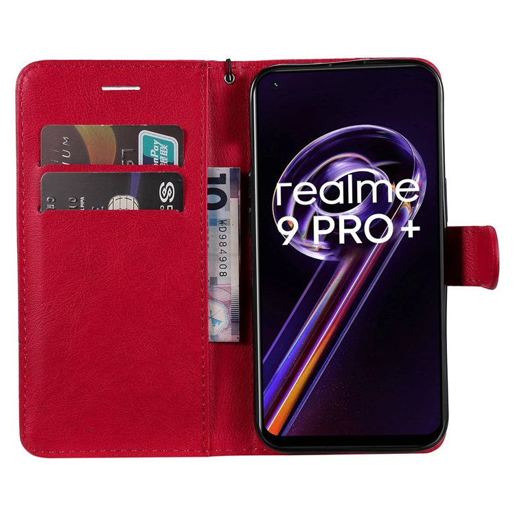KT Leather Series-2 for Realme 9 Pro+ Wallet Style PU Leather Flip Phone Case Magnetic Closure Handbag Stand Folio Cover with Wrist Strap - Red