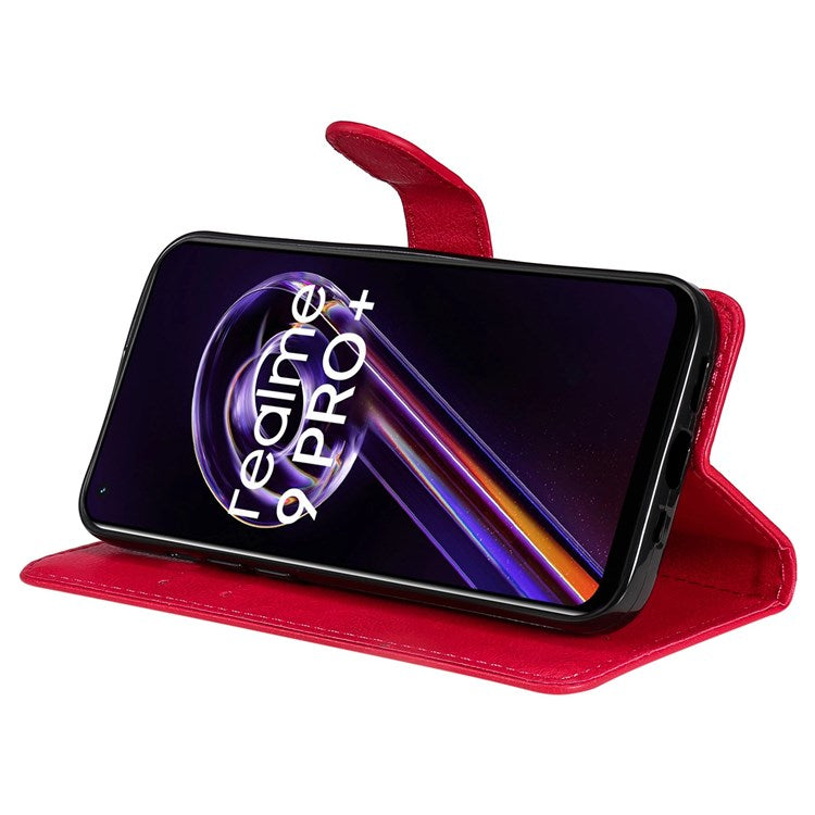 KT Leather Series-2 for Realme 9 Pro+ Wallet Style PU Leather Flip Phone Case Magnetic Closure Handbag Stand Folio Cover with Wrist Strap - Red