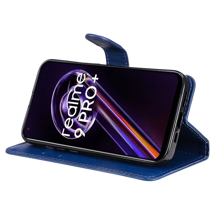 KT Leather Series-2 for Realme 9 Pro+ Wallet Style PU Leather Flip Phone Case Magnetic Closure Handbag Stand Folio Cover with Wrist Strap - Blue