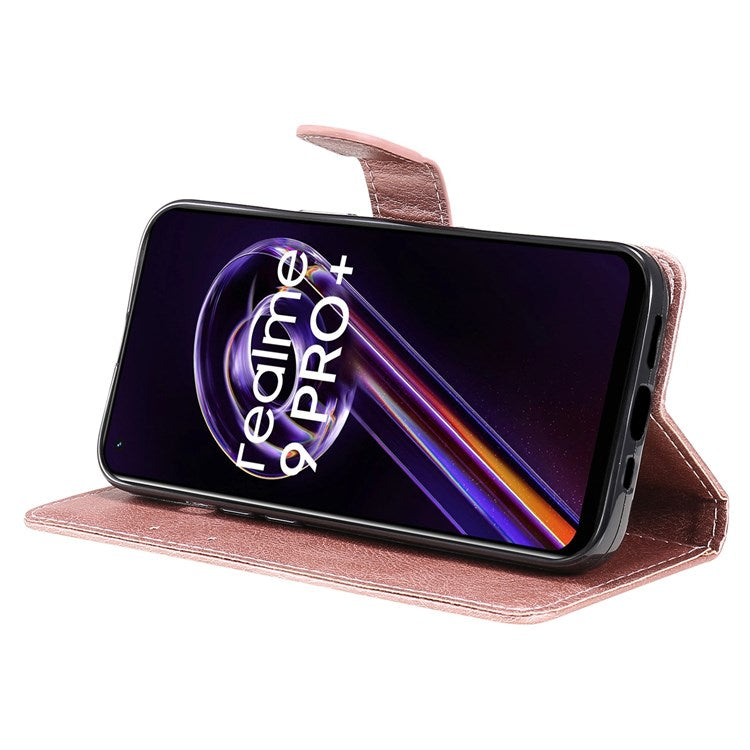 KT Leather Series-2 for Realme 9 Pro+ Wallet Style PU Leather Flip Phone Case Magnetic Closure Handbag Stand Folio Cover with Wrist Strap - Rose Gold