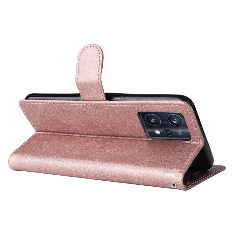 KT Leather Series-2 for Realme 9 Pro+ Wallet Style PU Leather Flip Phone Case Magnetic Closure Handbag Stand Folio Cover with Wrist Strap - Rose Gold