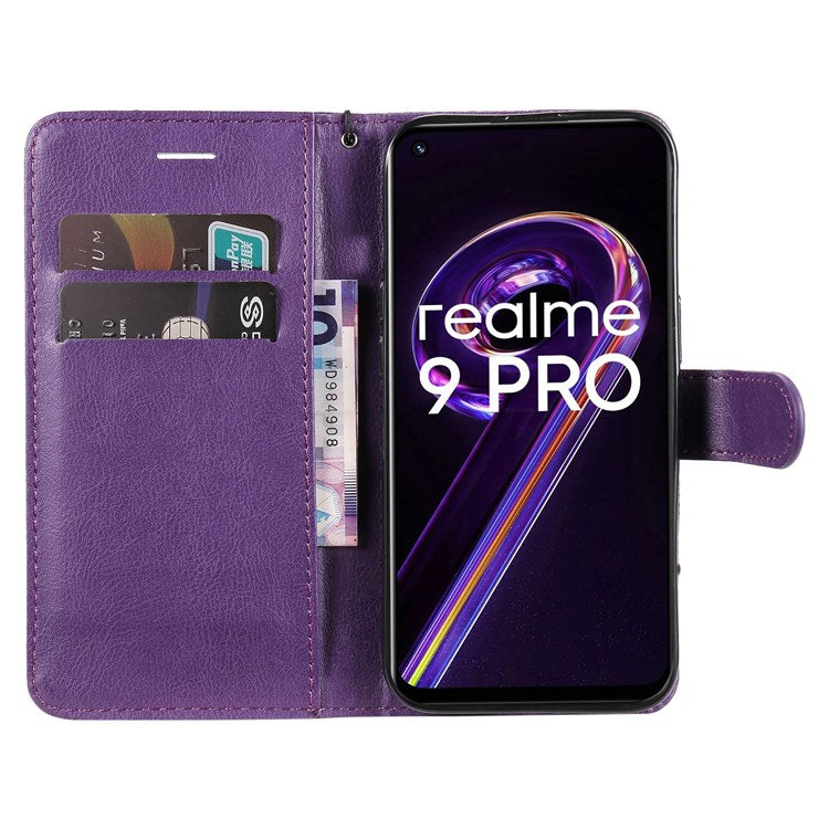 KT Leather Series-2 for Realme 9 Pro 5G / 9 5G / V25 PU Leather + TPU Shockproof Flip Shell Full Protection Wallet Purse Stand Cover with Wrist Strap - Purple