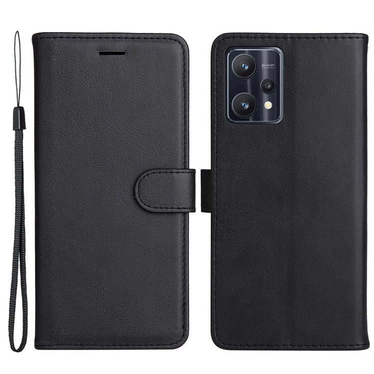 KT Leather Series-2 for Realme 9 Pro 5G / 9 5G / V25 PU Leather + TPU Shockproof Flip Shell Full Protection Wallet Purse Stand Cover with Wrist Strap - Black