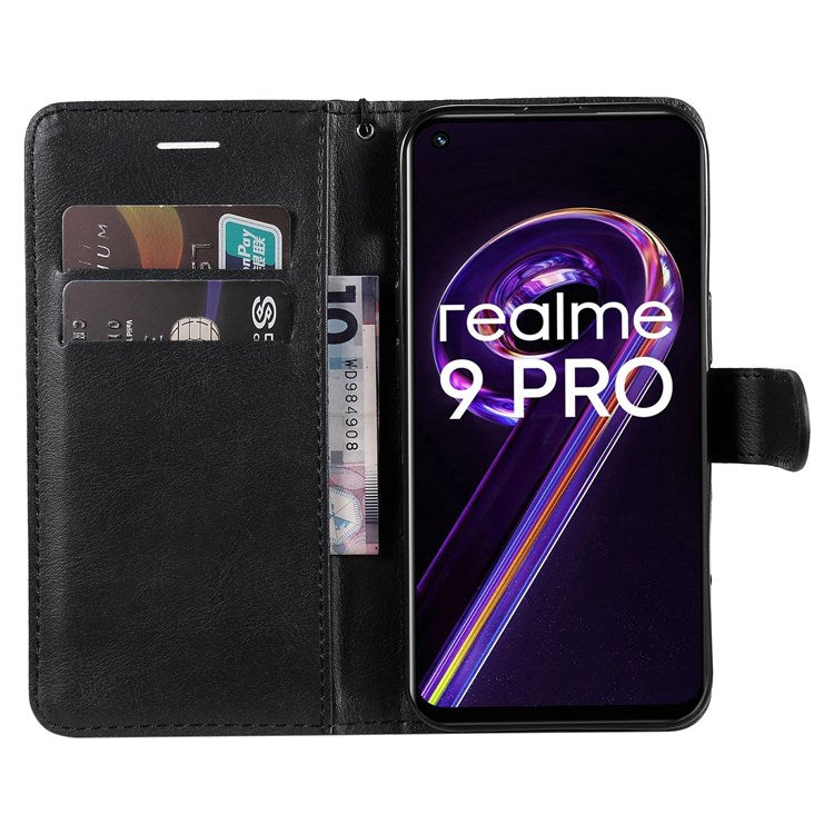 KT Leather Series-2 for Realme 9 Pro 5G / 9 5G / V25 PU Leather + TPU Shockproof Flip Shell Full Protection Wallet Purse Stand Cover with Wrist Strap - Black