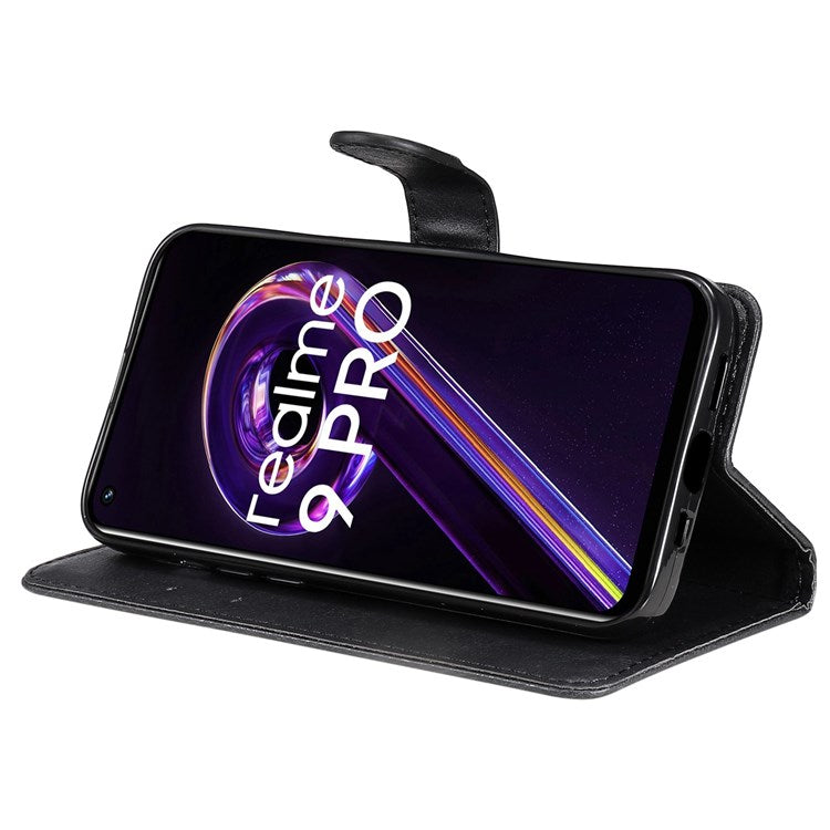 KT Leather Series-2 for Realme 9 Pro 5G / 9 5G / V25 PU Leather + TPU Shockproof Flip Shell Full Protection Wallet Purse Stand Cover with Wrist Strap - Black