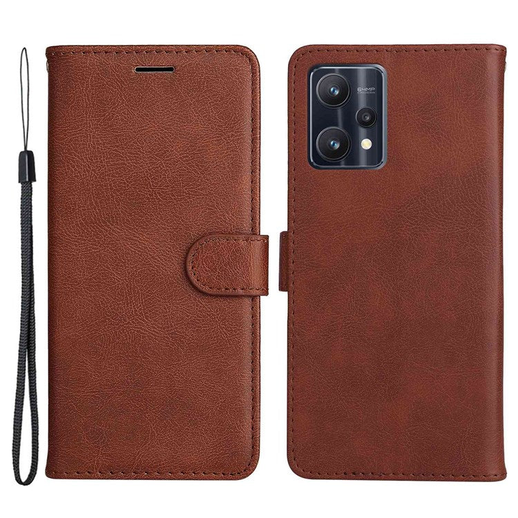 KT Leather Series-2 for Realme 9 Pro 5G / 9 5G / V25 PU Leather + TPU Shockproof Flip Shell Full Protection Wallet Purse Stand Cover with Wrist Strap - Brown