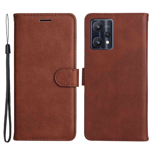 KT Leather Series-2 for Realme 9 Pro 5G / 9 5G / V25 PU Leather + TPU Shockproof Flip Shell Full Protection Wallet Purse Stand Cover with Wrist Strap - Brown