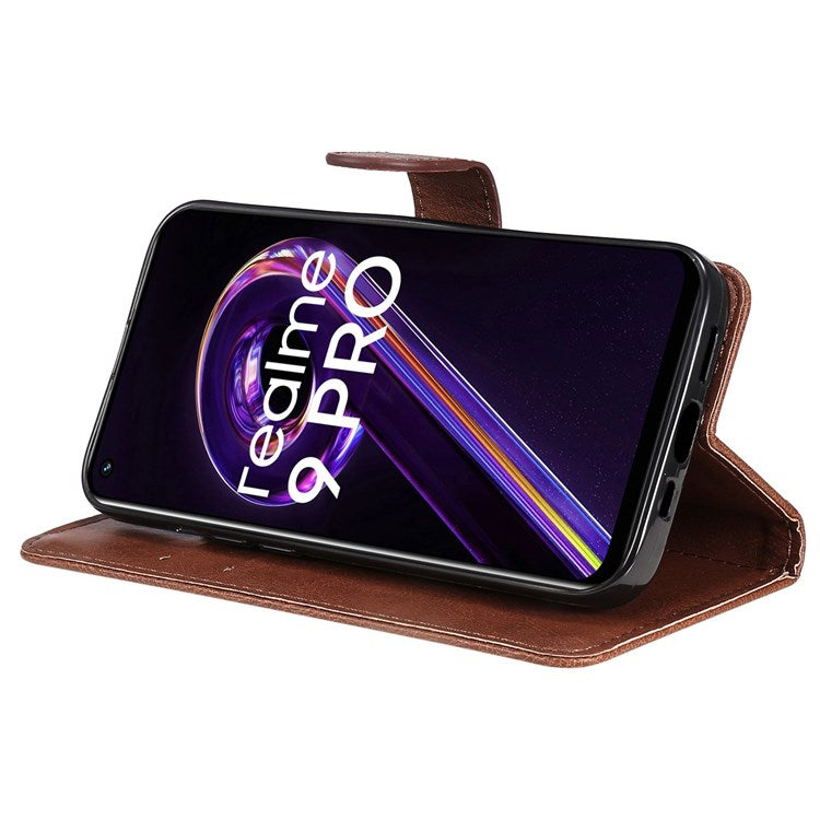 KT Leather Series-2 for Realme 9 Pro 5G / 9 5G / V25 PU Leather + TPU Shockproof Flip Shell Full Protection Wallet Purse Stand Cover with Wrist Strap - Brown