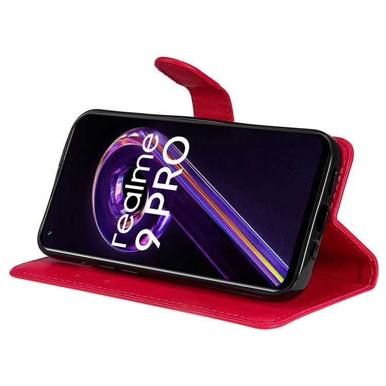 KT Leather Series-2 for Realme 9 Pro 5G / 9 5G / V25 PU Leather + TPU Shockproof Flip Shell Full Protection Wallet Purse Stand Cover with Wrist Strap - Red