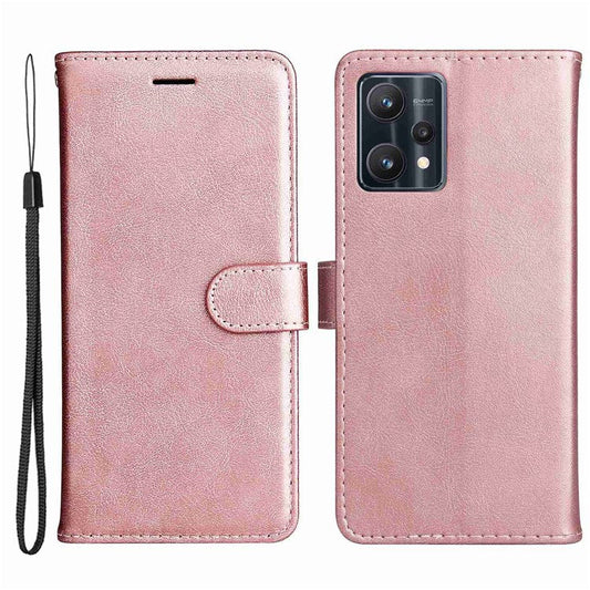 KT Leather Series-2 for Realme 9 Pro 5G / 9 5G / V25 PU Leather + TPU Shockproof Flip Shell Full Protection Wallet Purse Stand Cover with Wrist Strap - Rose Gold