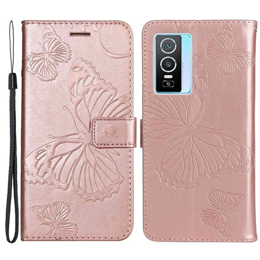 KT Imprinting Flower Series-2 for vivo Y76 5G PU Leather Book Stand Case Imprinted Butterfly Pattern Wallet Style Flip Case with Strap - Rose Gold