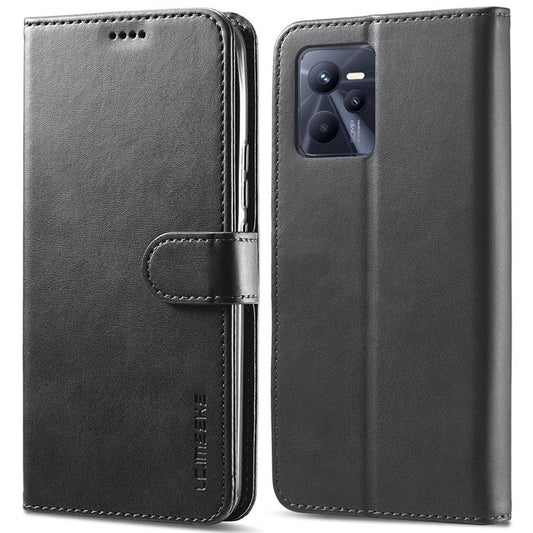 LC.IMEEKE for Realme C35 Textured PU Leather Flip Folio Anti-drop Stand Wallet Case Mobile Phone Case Cover - Black