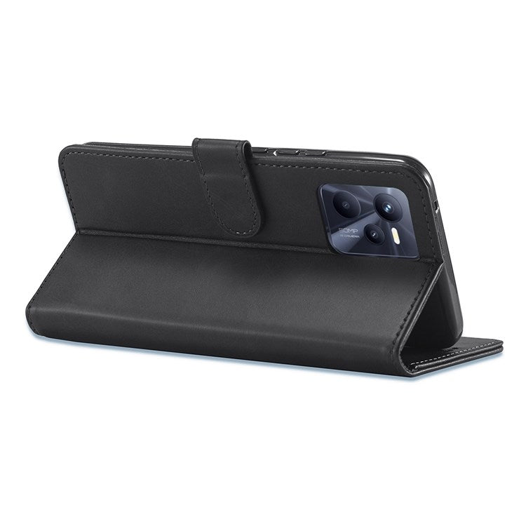 LC.IMEEKE for Realme C35 Textured PU Leather Flip Folio Anti-drop Stand Wallet Case Mobile Phone Case Cover - Black