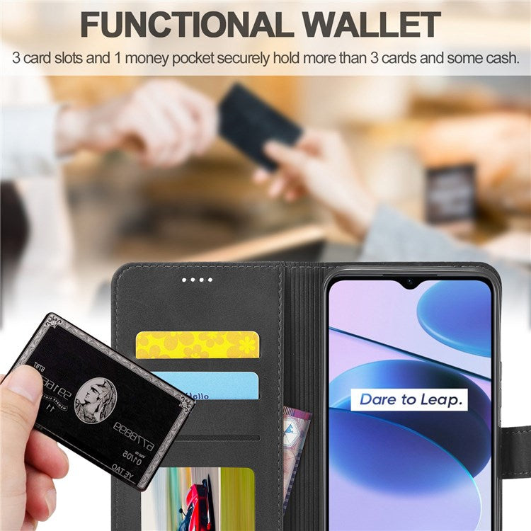 LC.IMEEKE for Realme C35 Textured PU Leather Flip Folio Anti-drop Stand Wallet Case Mobile Phone Case Cover - Black