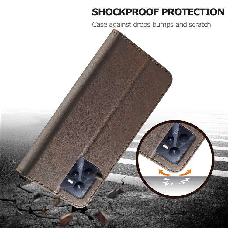 LC.IMEEKE for Realme C35 Textured PU Leather Flip Folio Anti-drop Stand Wallet Case Mobile Phone Case Cover - Brown