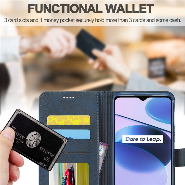 LC.IMEEKE for Realme C35 Textured PU Leather Flip Folio Anti-drop Stand Wallet Case Mobile Phone Case Cover - Blue