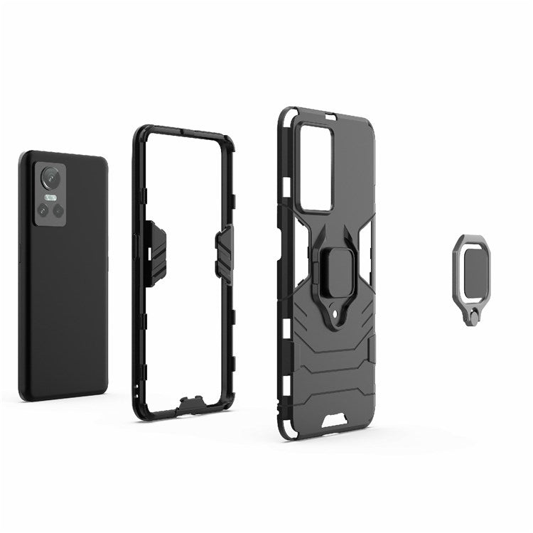 For Realme GT Neo3 Scratch-resistant Anti-drop Soft TPU + Hard PC Cover Ring Holder Kickstand Phone Case - Black