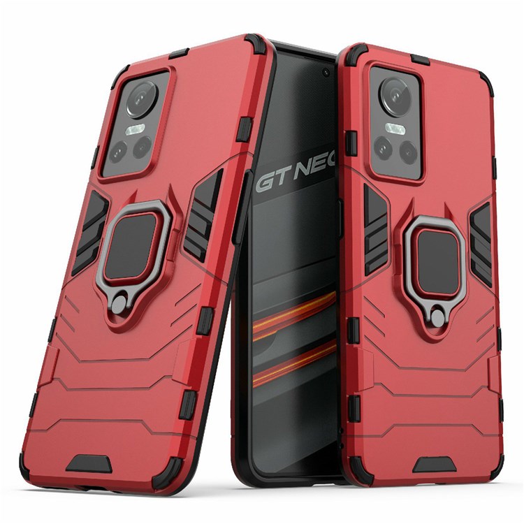 For Realme GT Neo3 Scratch-resistant Anti-drop Soft TPU + Hard PC Cover Ring Holder Kickstand Phone Case - Red