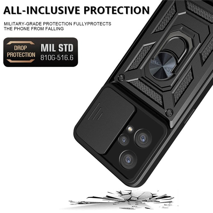 For Realme 9 Pro+ Hard PC + Soft TPU Phone Cover Slide Lens Protection Ring Kickstand Case - Black