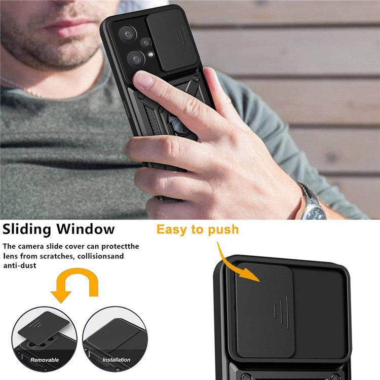 For Realme 9 Pro+ Hard PC + Soft TPU Phone Cover Slide Lens Protection Ring Kickstand Case - Black