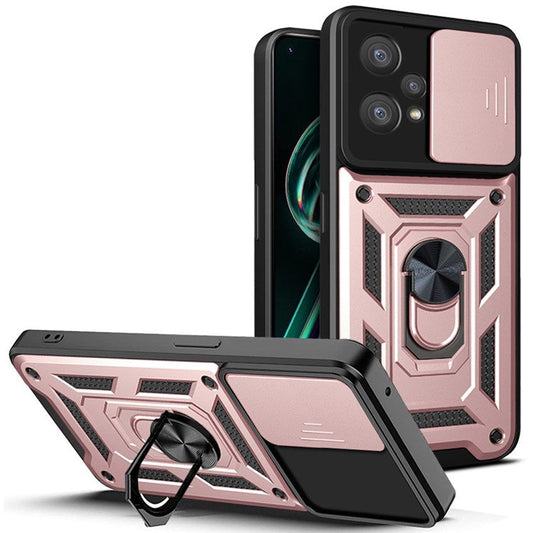 For Realme 9 Pro+ Hard PC + Soft TPU Phone Cover Slide Lens Protection Ring Kickstand Case - Rose Gold