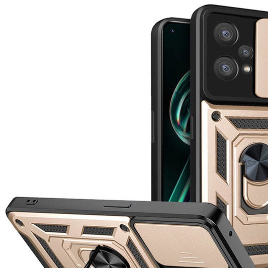 For Realme 9 Pro+ Hard PC + Soft TPU Phone Cover Slide Lens Protection Ring Kickstand Case - Gold