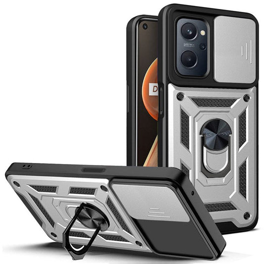 For Realme 9i/Oppo A36/A76 Slide Lens Cover PC + TPU Ring Kickstand Phone Cover with Built-in Metal Sheet - Silver