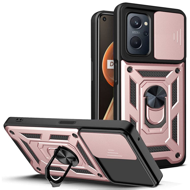 For Realme 9i/Oppo A36/A76 Slide Lens Cover PC + TPU Ring Kickstand Phone Cover with Built-in Metal Sheet - Rose Gold