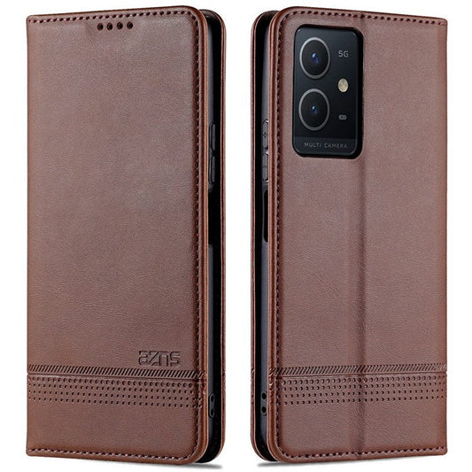 AZNS For vivo Y33s 5G/Y75 5G Magnetic Auto-absorbed PU Leather Wallet Foldable Stand Case Phone Cover - Coffee