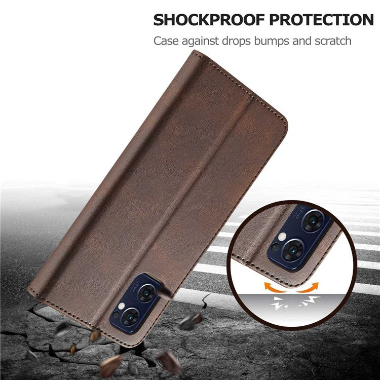 LC.IMEEKE For Oppo Reno7 5G (Global)/Find X5 Lite Textured PU Leather Stand Wallet Phone Case Folio Flip Cover - Brown