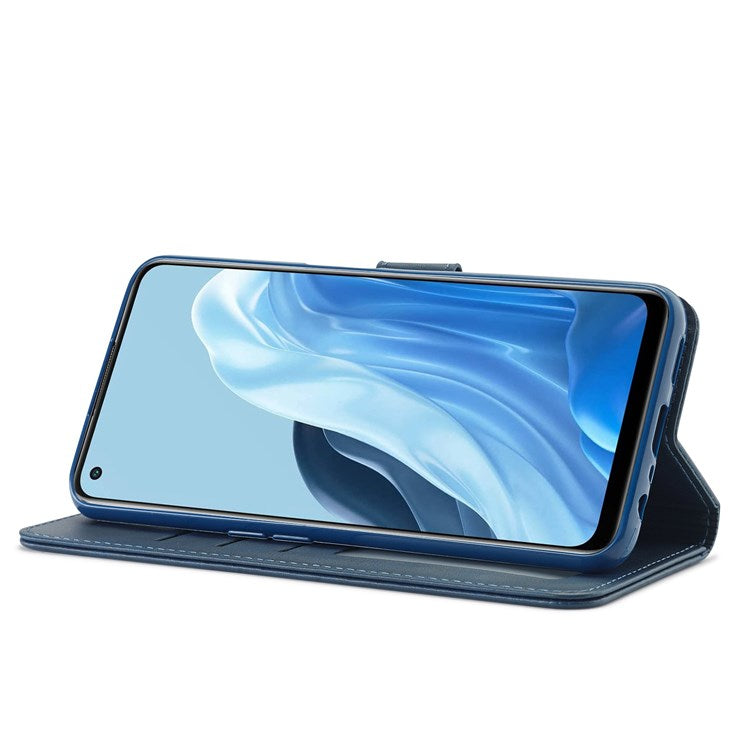 LC.IMEEKE For Oppo Reno7 5G (Global)/Find X5 Lite Textured PU Leather Stand Wallet Phone Case Folio Flip Cover - Blue